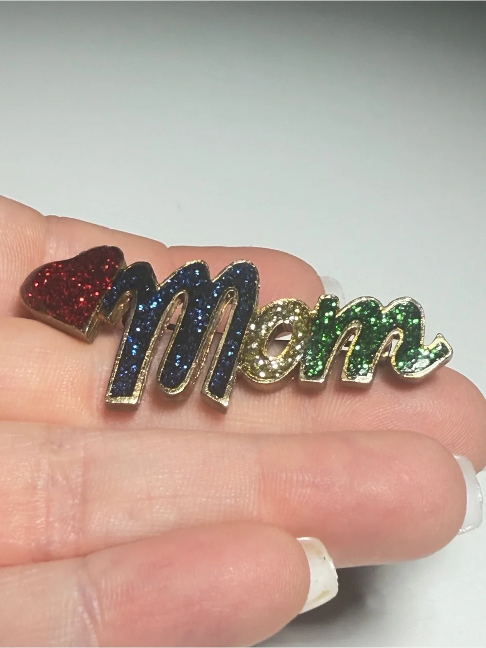 Mom Brooch Glitter Enamel Heart Multicolor Pin 2 inches